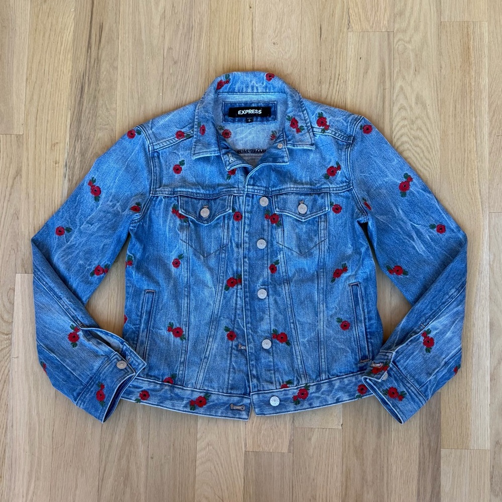 Express Women’s Blue Denim Jacket with Red Floral Design Size S